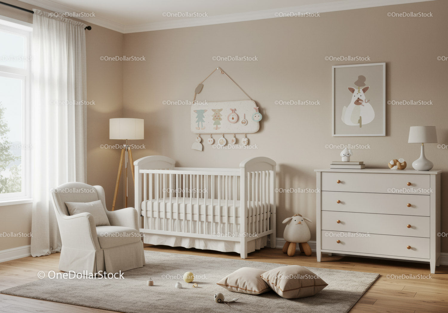 Cozy Baby Nursery with Crib, Wall Art, and Playful Decor