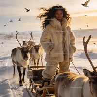 Woman riding reindeer sled in snowy wilderness