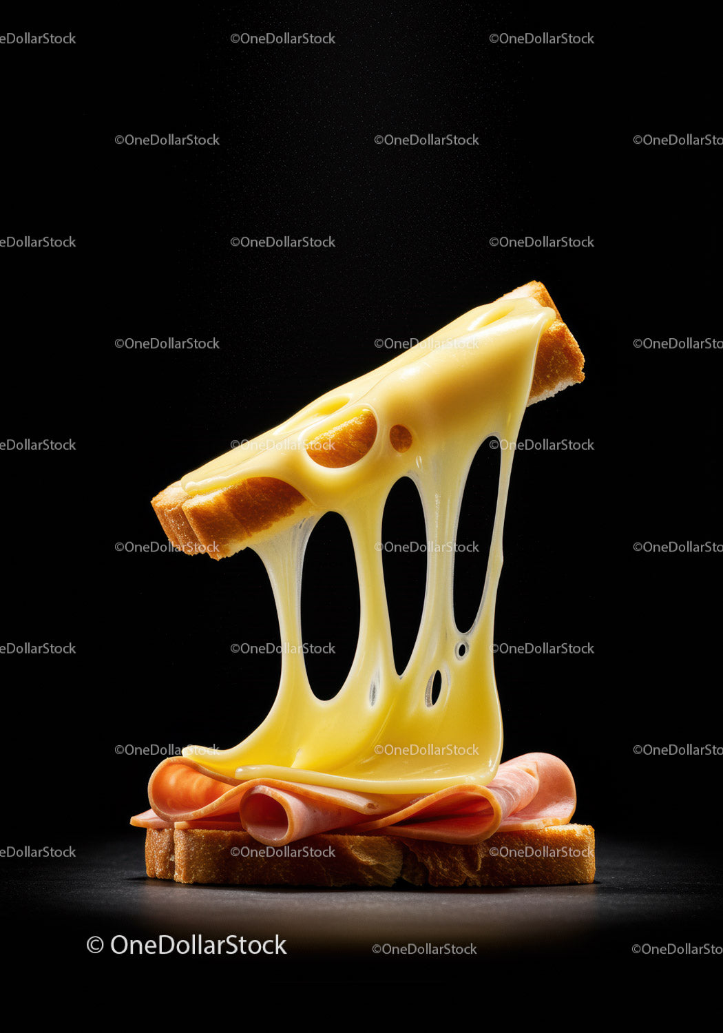 Melted cheese stretching over ham sandwich slices