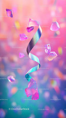 Colorful Spiral Ribbon and Floating Pink Ice Cubes in Vibrant Scene