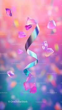 Colorful Spiral Ribbon and Floating Pink Ice Cubes in Vibrant Scene