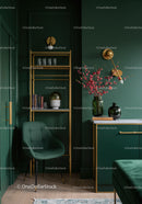 Elegant Green Interior with Gold Accents and Modern Decor Elements