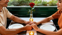 Couple holding hands over candlelit dinner table with rose