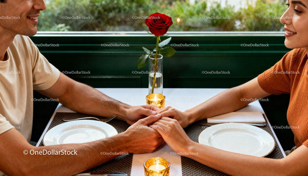 Couple holding hands over candlelit dinner table with rose