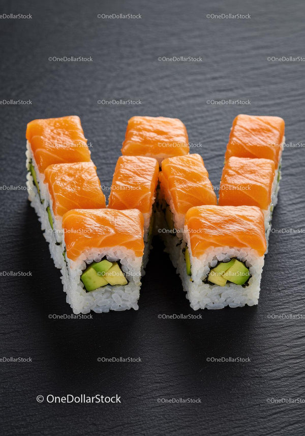 Fresh salmon avocado sushi rolls on dark slate plate