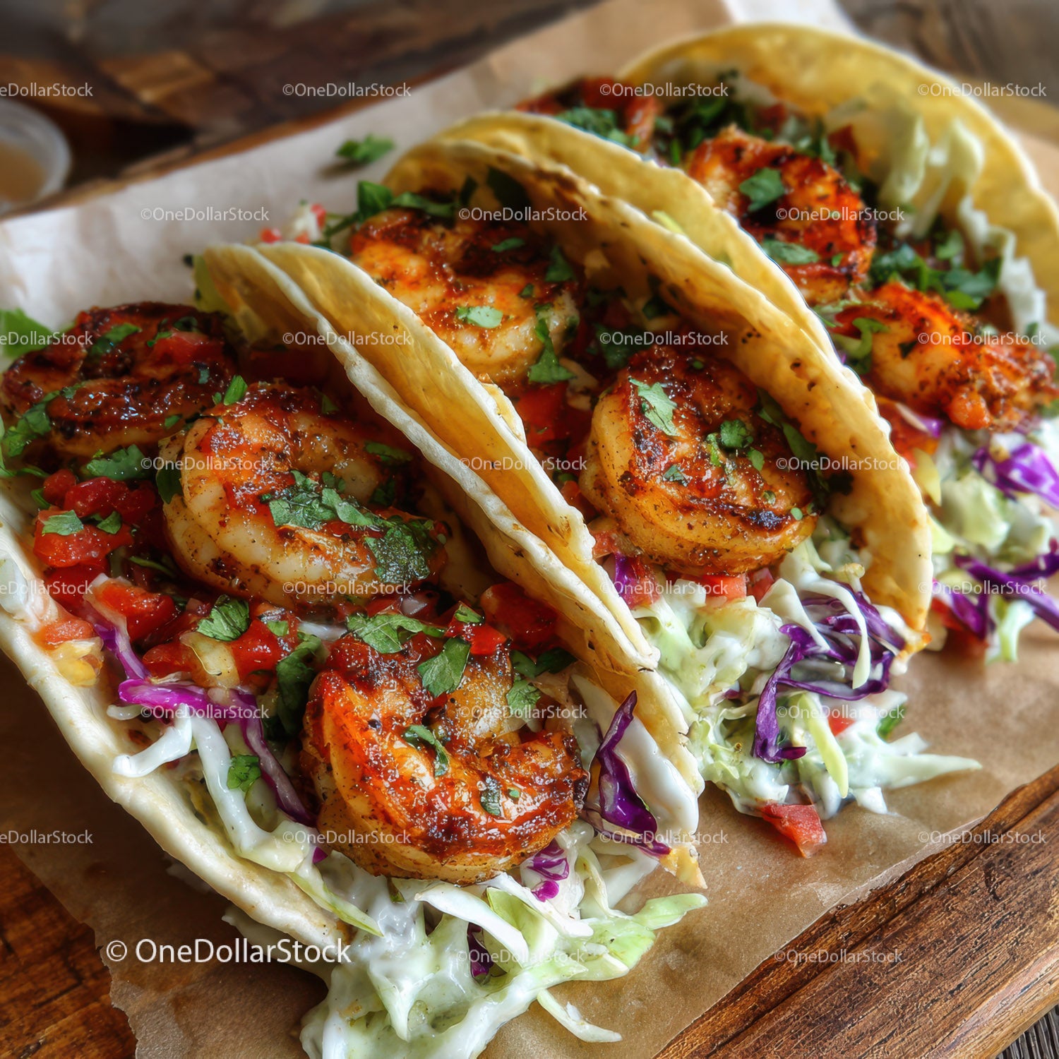 Grilled Shrimp Tacos with Fresh Vegetables and Spicy Sauce