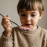 Young boy exploring colorful candy sprinkles on spoon