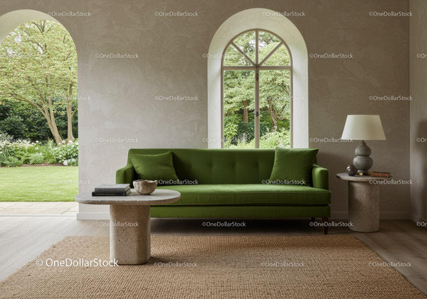 Minimalist living room with green sofa and natural light