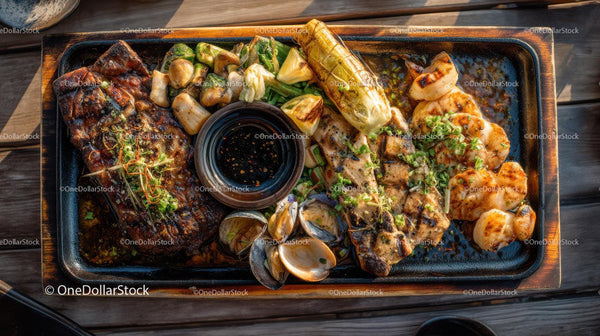Seafood Platter with Shrimp and Scallops Grilled Vegetables and Dipping Sauce