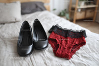 Chic Black Heels and a Red Lace Dress in a Cozy Bedroom Setting