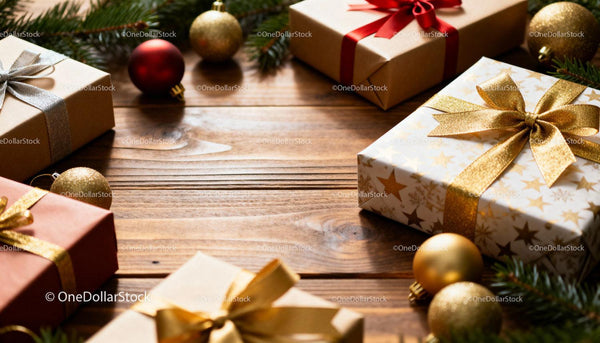 Festive Christmas Gifts and Decorations on Wooden Table