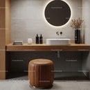 Modern Bathroom with Wooden Vanity and Round Backlit Mirror