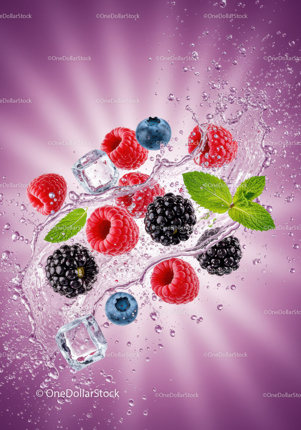 Fresh mixed berries splashing in clear water with ice
