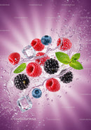 Fresh mixed berries splashing in clear water with ice