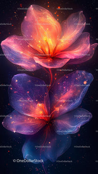 Vibrant Cosmic Flowers in Neon Lights with Space Background
