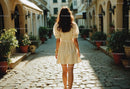 Stylish Woman Walking Down Quaint Cobblestone Street in Sunlight