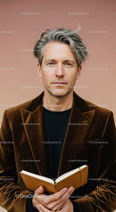 Elegant Mature Man in Brown Velvet Blazer Reading Book in Indoor Portrait