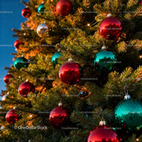 Christmas tree adorned with vibrant red and green baubles