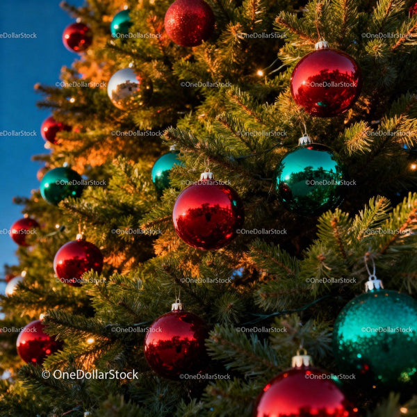 Christmas tree adorned with vibrant red and green baubles