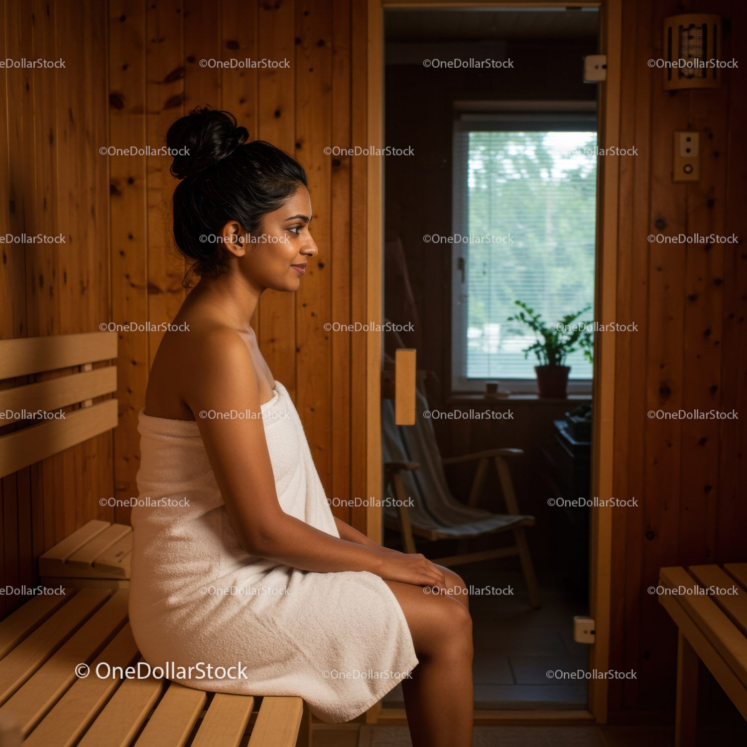 Relaxed Woman in Wooden Sauna Sitting on Bench During Wellness Session