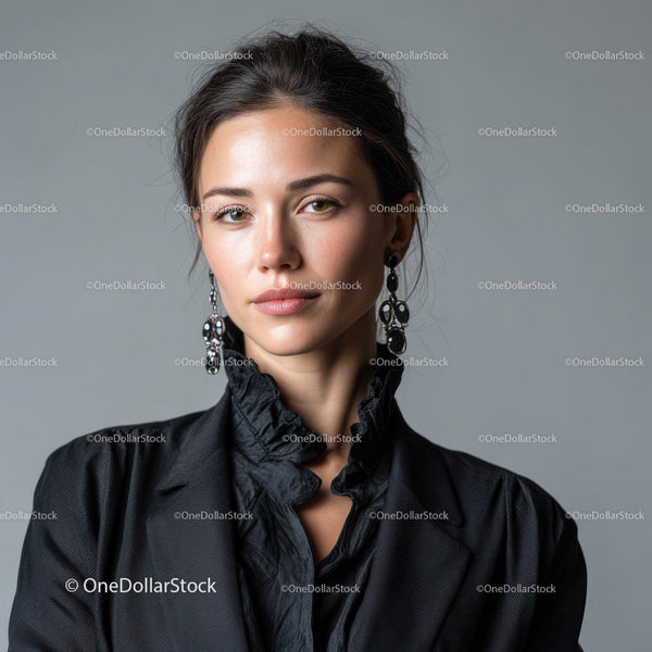 Elegant Woman Portrait with Black Blouse and Stylish Earrings