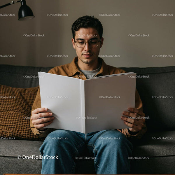 Young man reading book on cozy living room sofa JPG Mockup Image