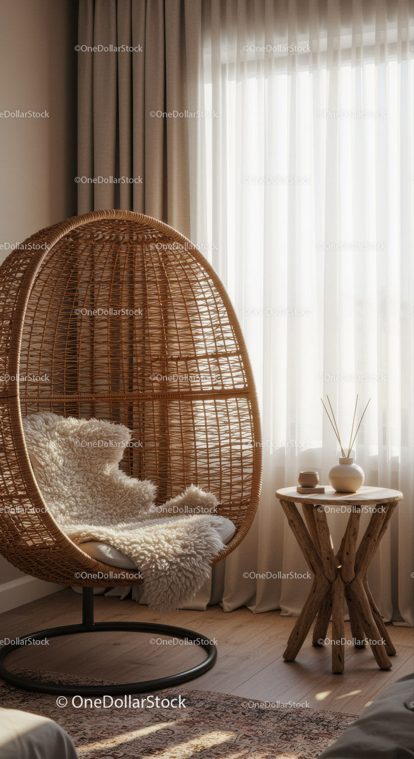 Cozy rattan egg chair with soft sheepskin in sunlit room