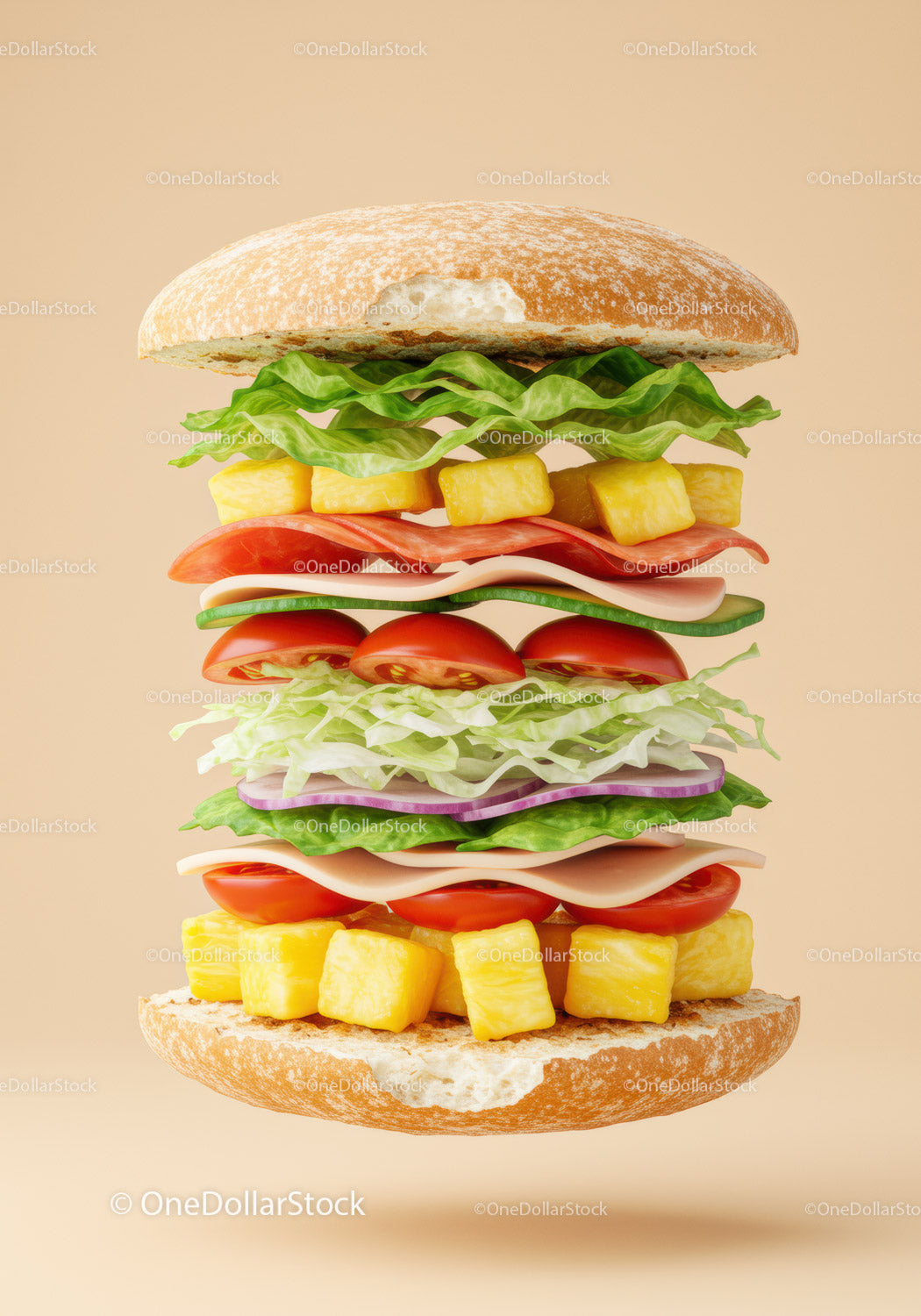 Fresh layered sandwich with pineapple and vegetables