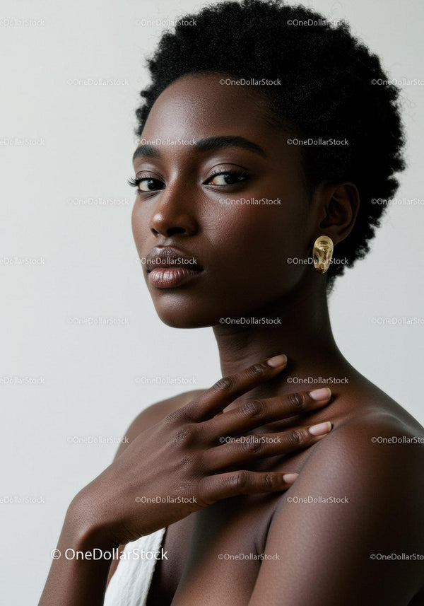 Elegant Black Woman Portrait with Natural Makeup and Gold Earrings