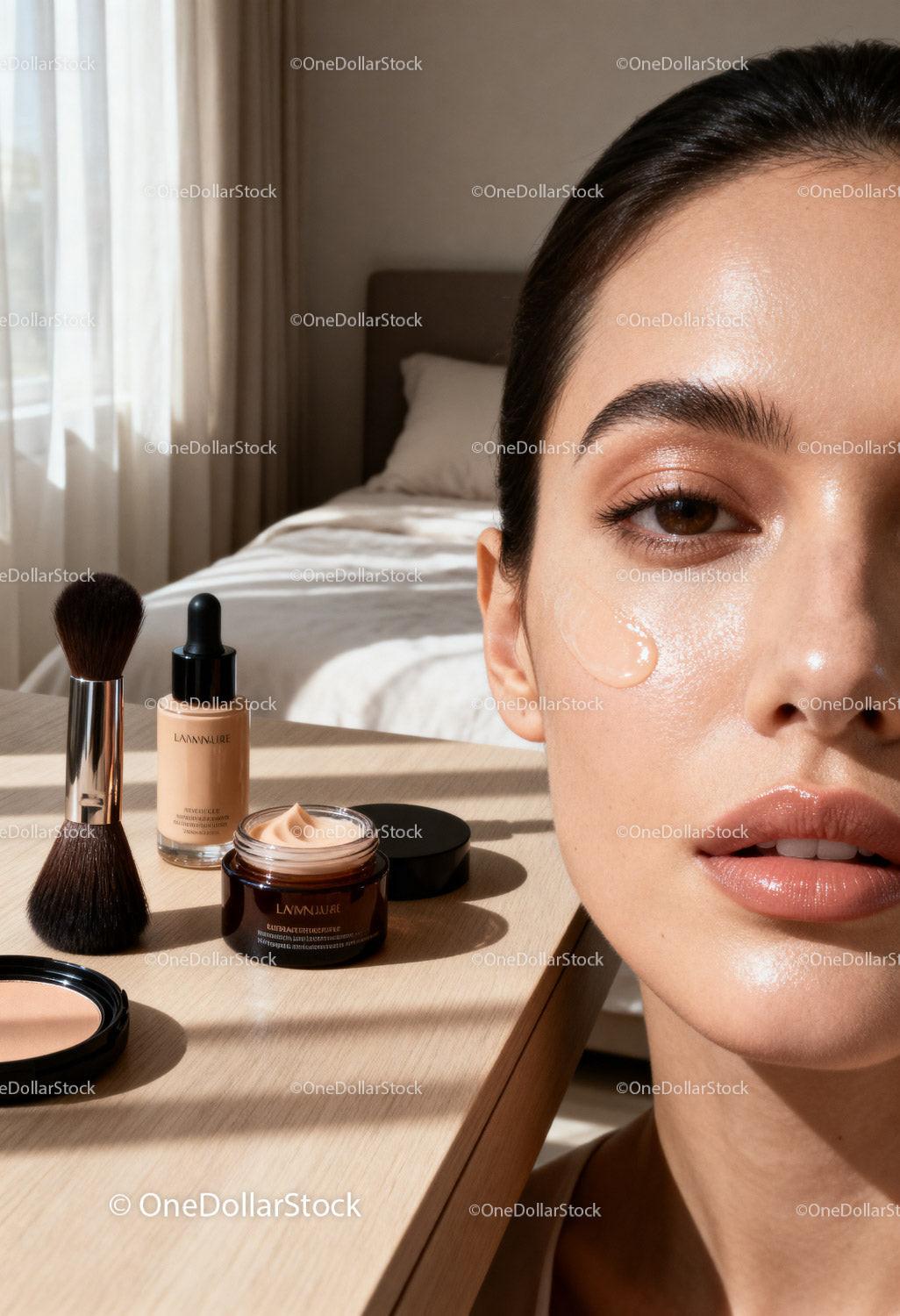 Radiant woman with glowing skin and skincare products