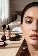 Radiant woman with glowing skin and skincare products