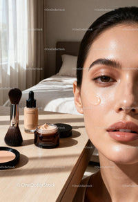 Radiant woman with glowing skin and skincare products
