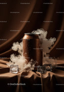 Cold beverage can with ice and smoky vapor effect