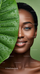 Portrait of an African Woman with Natural Curly Hair and Tropical Leaf