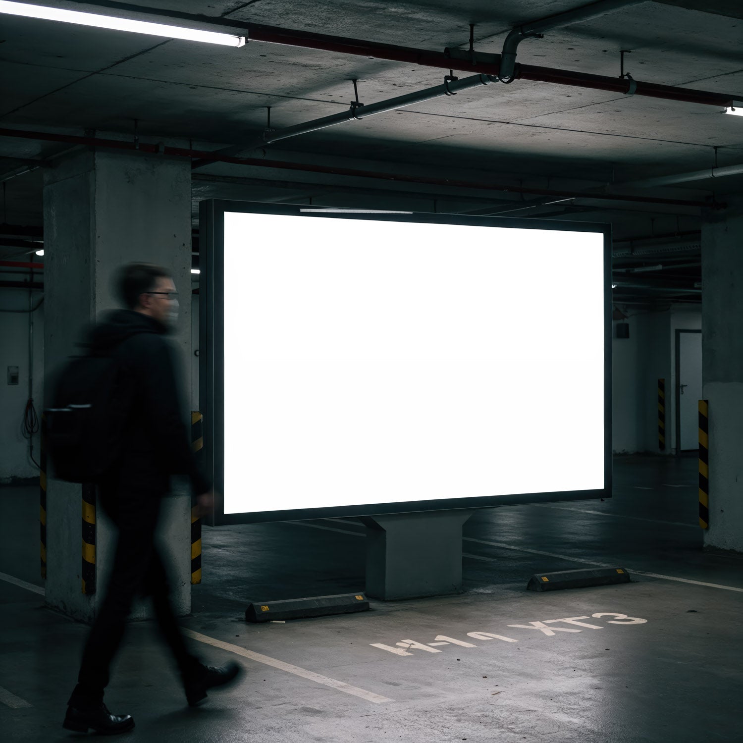 Man walking past illuminated blank billboard in parking garage