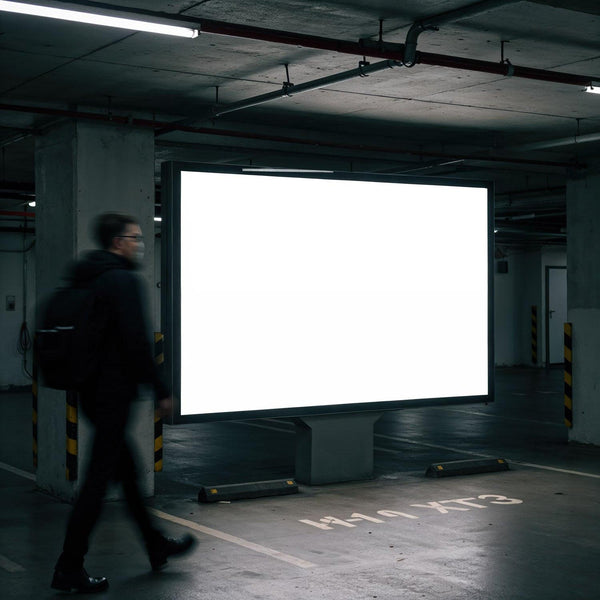 Man walking past illuminated blank billboard in parking garage JPG Mockup Image