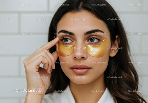 Young Woman Applying Gold Eye Masks for Skincare and Beauty