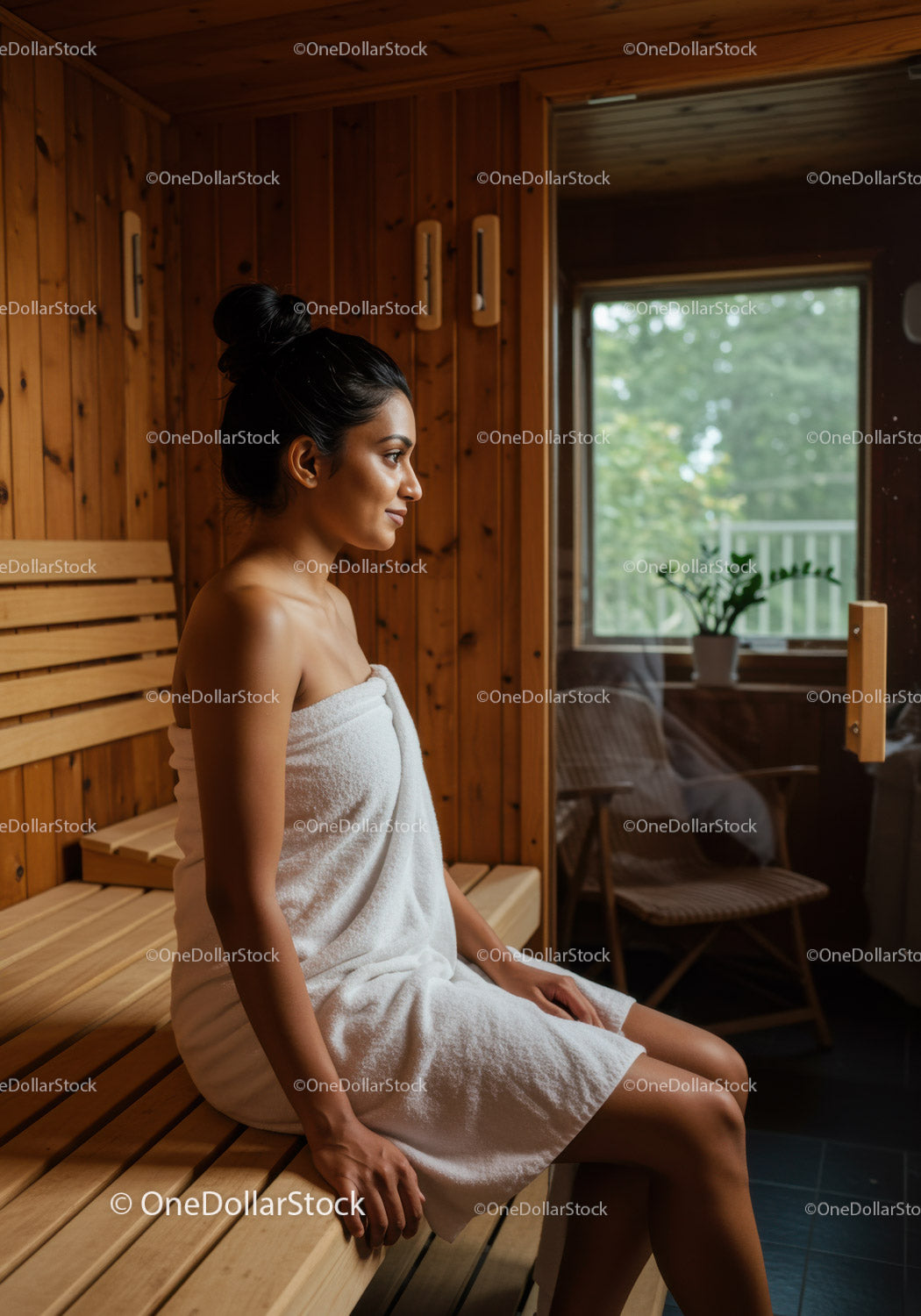 Spokojna kobieta relaksująca się w drewnianej saunie spa w ciepłym, naturalnym świetle