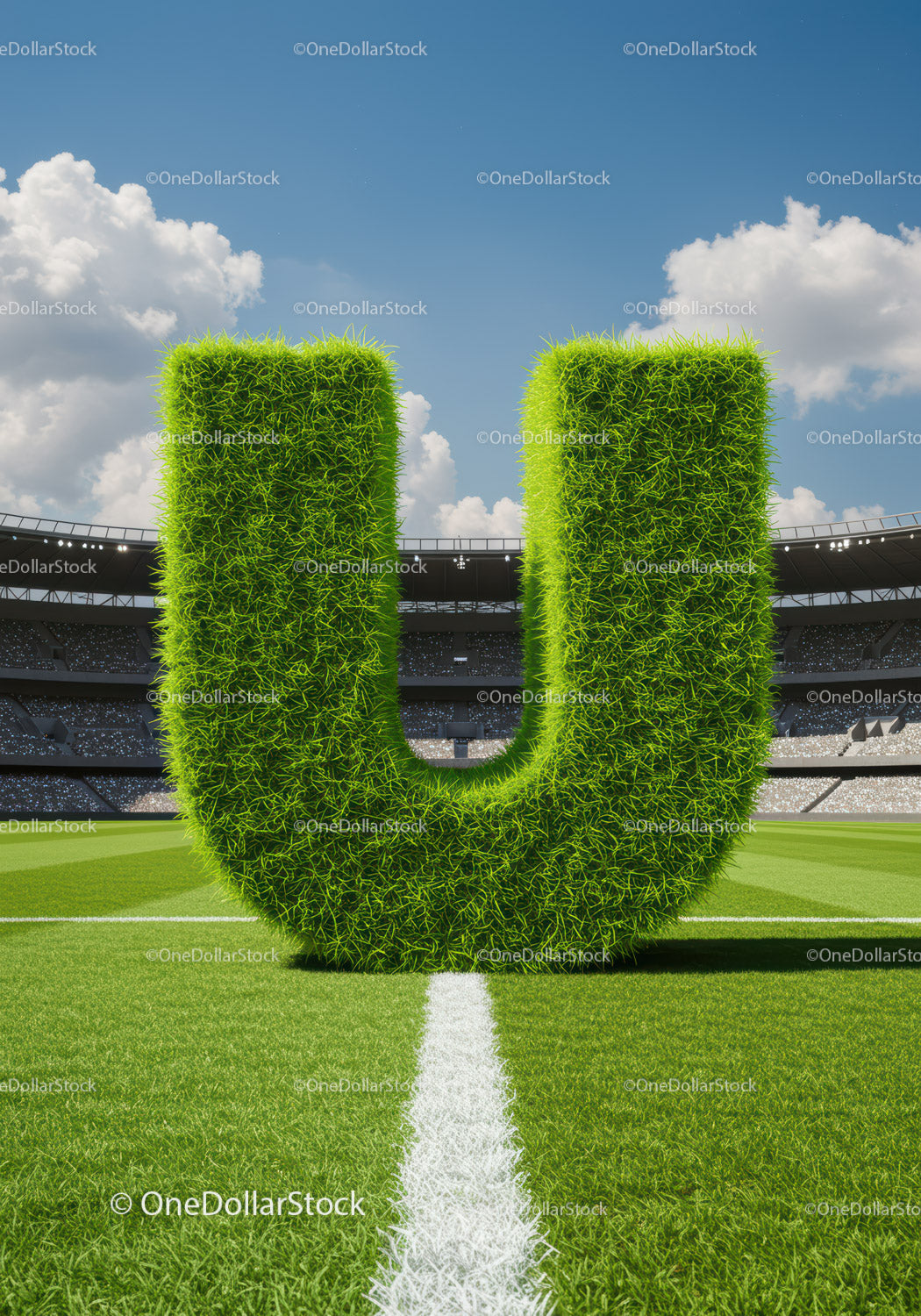 Green grass letter U on soccer stadium pitch