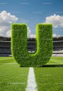 Green grass letter U on soccer stadium pitch