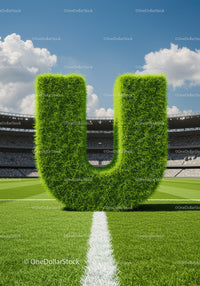 Green grass letter U on soccer stadium pitch
