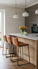 Modern Kitchen with Sunflower Decor and Leather Bar Stools