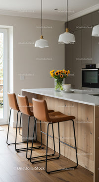 Modern Kitchen with Sunflower Decor and Leather Bar Stools