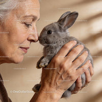Senior woman gently holding a fluffy pet rabbit