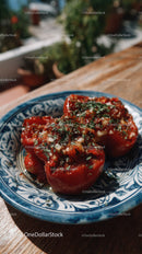 Stuffed Tomatoes with Herbs in Blue and White Ceramic Plate