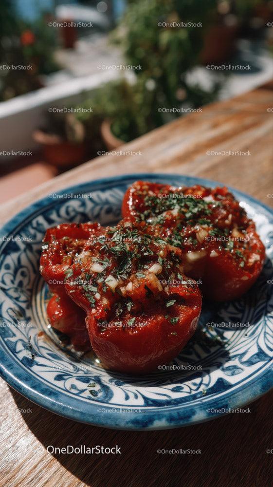 Stuffed Tomatoes with Herbs in Blue and White Ceramic Plate