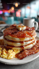 Stack of Fluffy Pancakes with Crisp Bacon and Maple Syrup