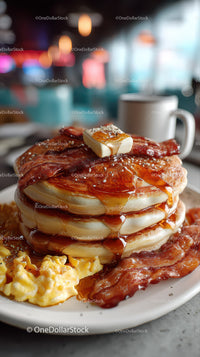 Stack of Fluffy Pancakes with Crisp Bacon and Maple Syrup
