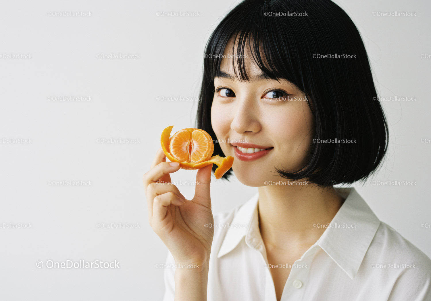 Young Woman Smiling with Orange Peel in Bright Studio Setting