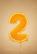 Fresh orange slice shaped like number two with droplets